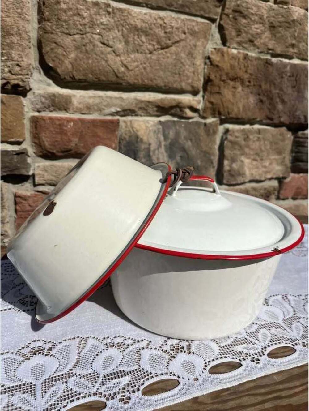 Vintage White Enamelware Pot with Lid & Basin Set Red Trim Farmhouse Cookware